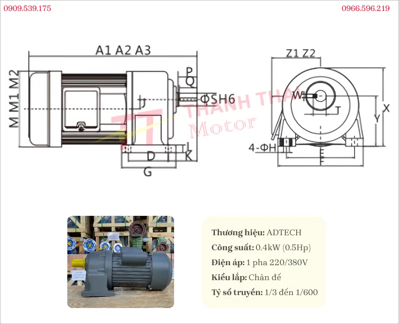 Bản vẽ và thông số kỹ thuật motor giảm tốc 1 pha 0.4kW 0.5Hp chân đế