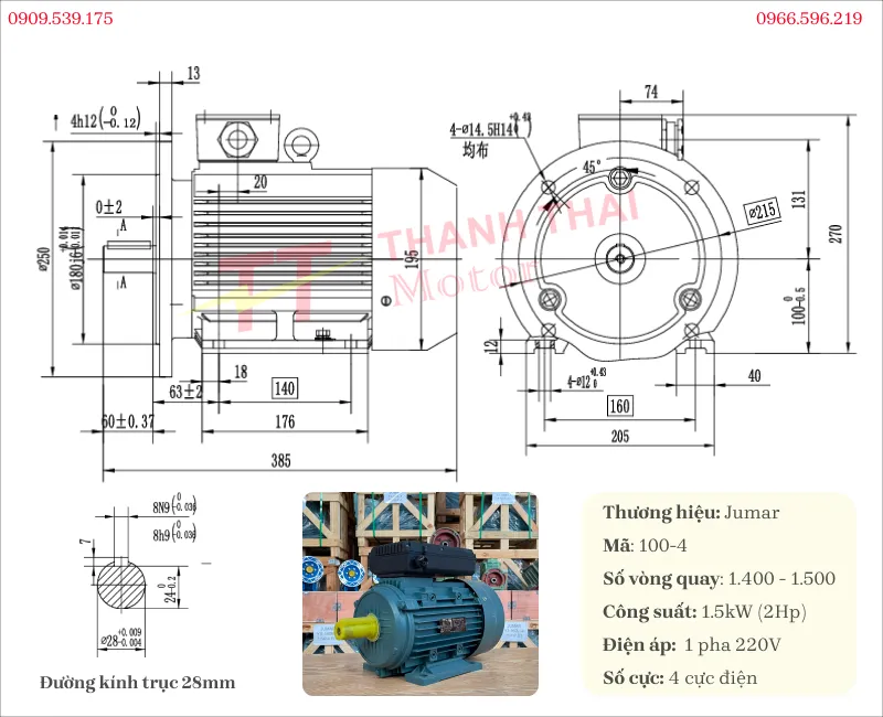 Bản vẽ và thông số kỹ thuật của động cơ điện 1 pha 1.5kW 2Hp 4 cực