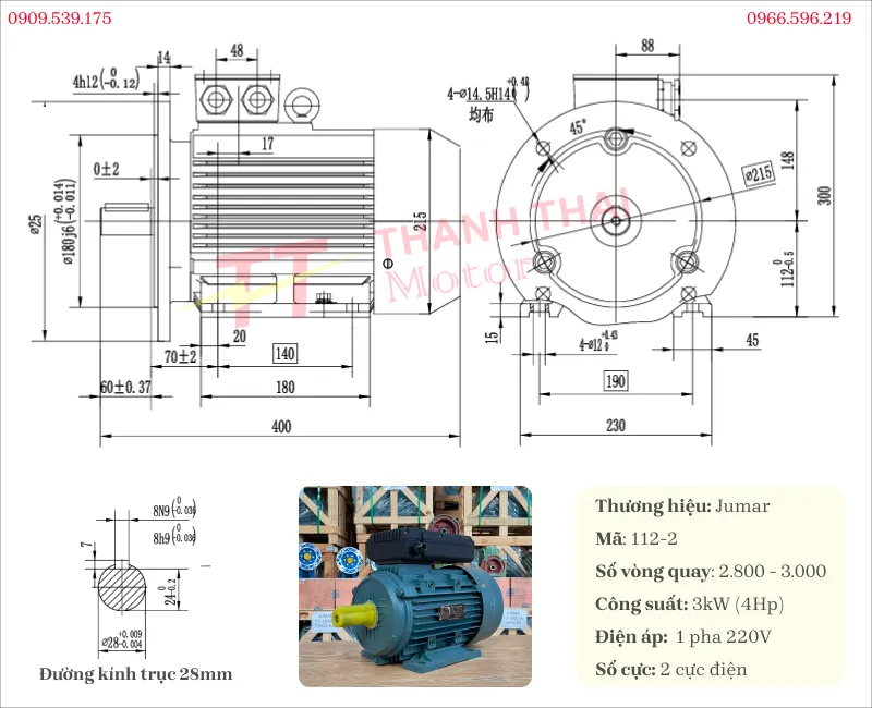 Bản vẽ và thông số kỹ thuật của động cơ điện 1 pha 3.0kW 4Hp 2 cực
