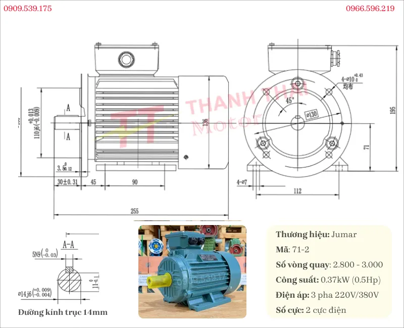 Drawing and technical specifications of the 3-phase electric motor 0.37kW 0.5Hp 2 poles