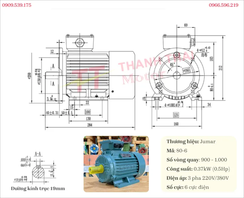 Drawing and technical specifications of the 3-phase electric motor 0.37kW 0.5Hp 6 poles