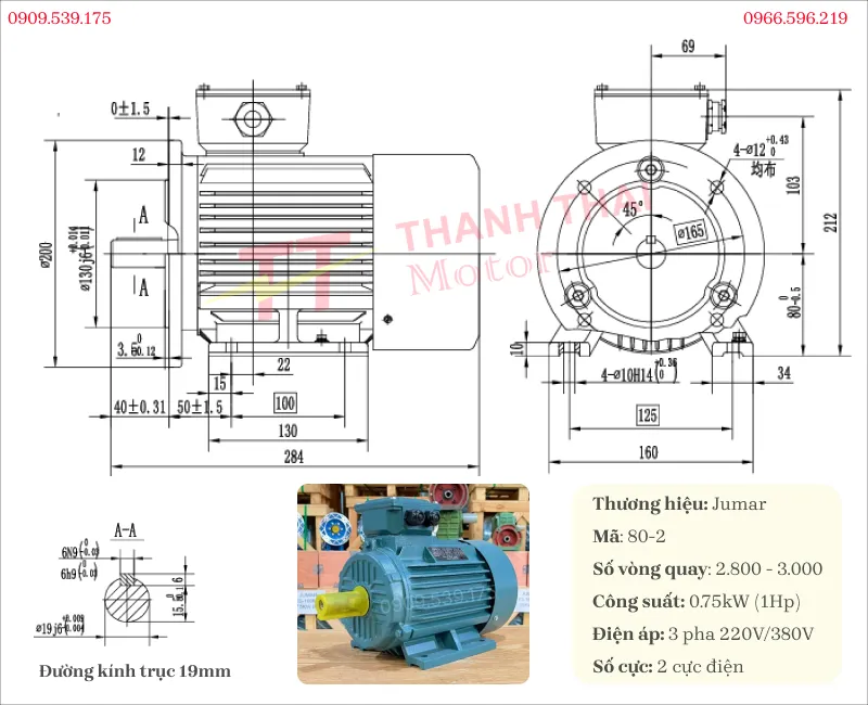 Bản vẽ và thông số kỹ thuật của động cơ điện 3 pha 0.75kW 1Hp 2 cưc