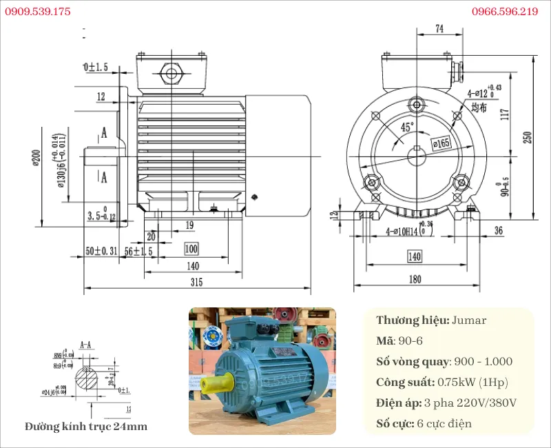 Bản vẽ và thông số kỹ thuật của động cơ điện 3 pha 0.75kW 1Hp 6 cưc