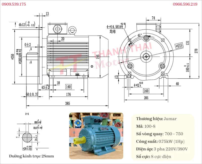 Bản vẽ và thông số kỹ thuật của động cơ điện 3 pha 0.75kW 1Hp 8 cưc