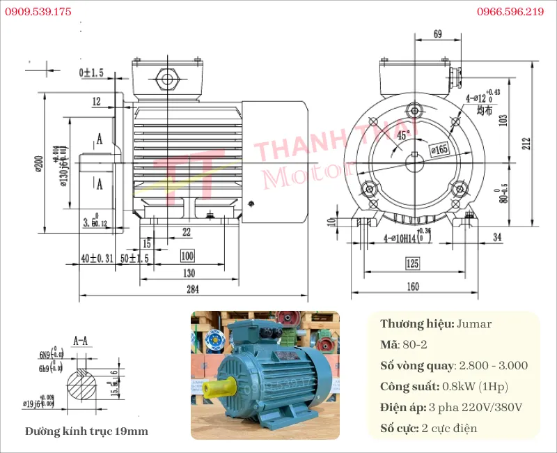 Bản vẽ và thông số kỹ thuật của động cơ điện 3 pha 0.8kW 1Hp 2 cực