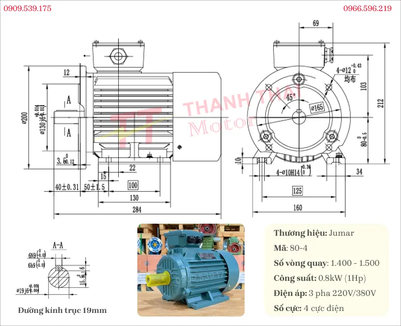 Drawing and specifications of the 0.8kW 1Hp 4-pole 3-phase electric motor
