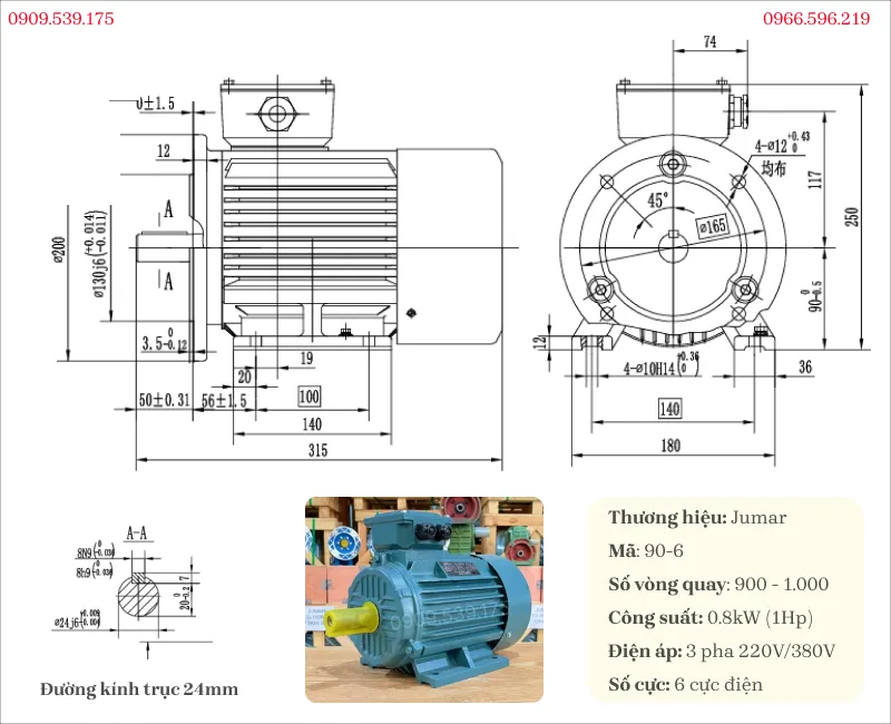 Bản vẽ và thông số kỹ thuật của động cơ điện 3 pha 0.8kW 1Hp 6 cực
