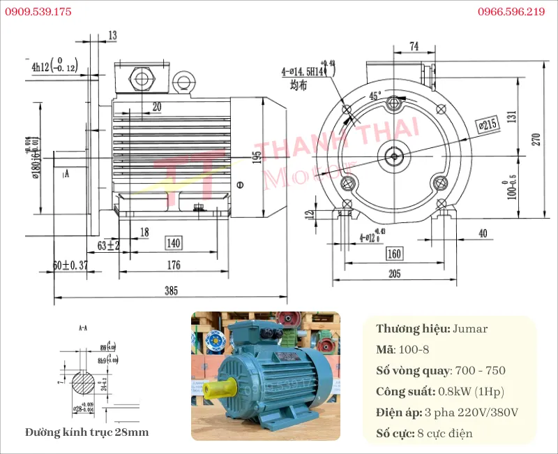 Bản vẽ và thông số kỹ thuật của động cơ điện 3 pha 0.8kW 1Hp 8 cực