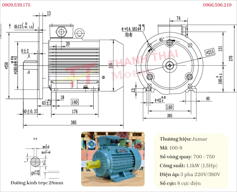 Drawing and technical specifications of the 3-Phase Electric Motor 1.1kW 1.5Hp 8-Pole