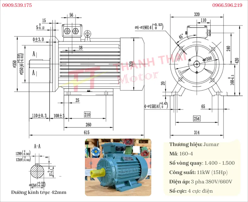 Bản vẽ và thông số kỹ thuật của động cơ điện 3 pha 11kW 15Hp 4 cực