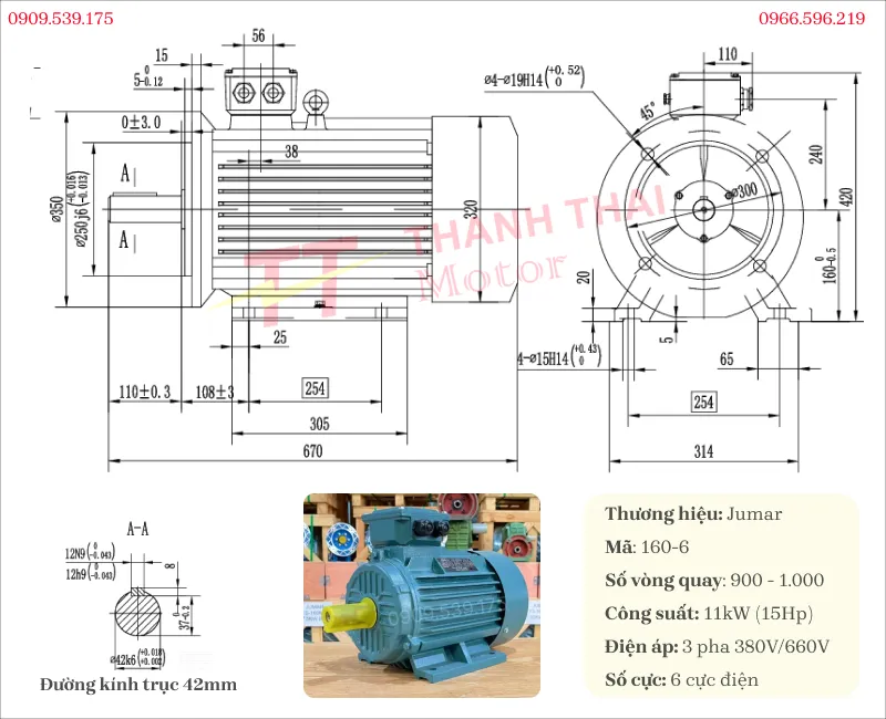 Bản vẽ và thông số kỹ thuật của động cơ điện 3 pha 11kW 15Hp 6 cực