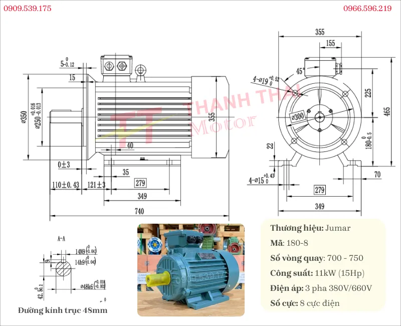 Bản vẽ và thông số kỹ thuật của động cơ điện 3 pha 11kW 15Hp 8 cực