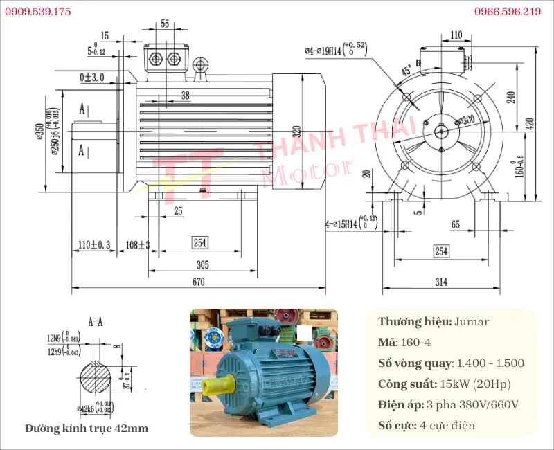 Bản vẽ và thông số kỹ thuật của động cơ điện 3 pha 15kW 20Hp 4 cực
