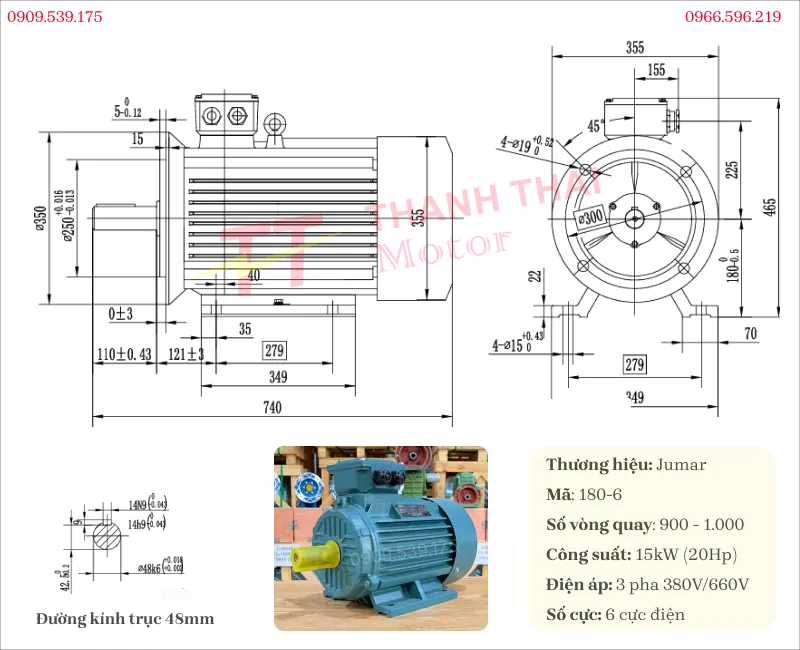 Bản vẽ và thông số kỹ thuật của động cơ điện 3 pha 15kW 20Hp 6 cực