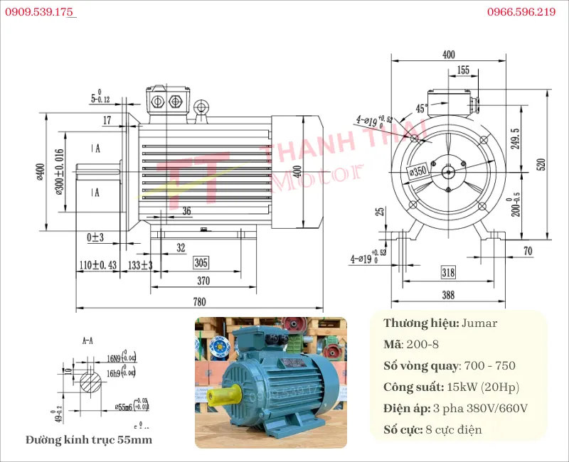 Bản vẽ và thông số kỹ thuật của động cơ điện 3 pha 15kW 20Hp 8 cực