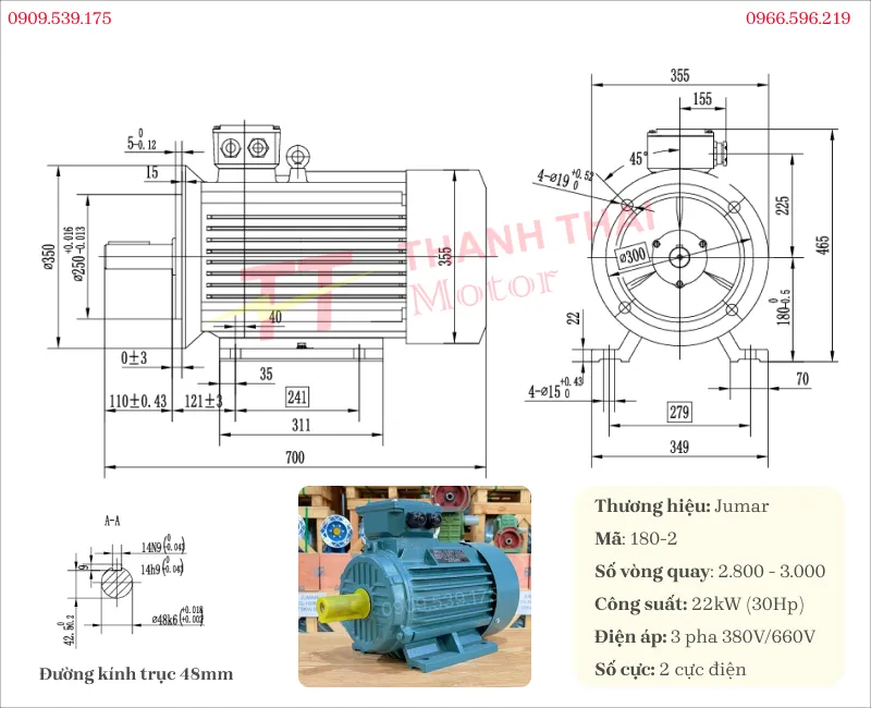 Bản vẽ và thông số kỹ thuật của động cơ điện 3 pha 22kW 30hp 2 cực
