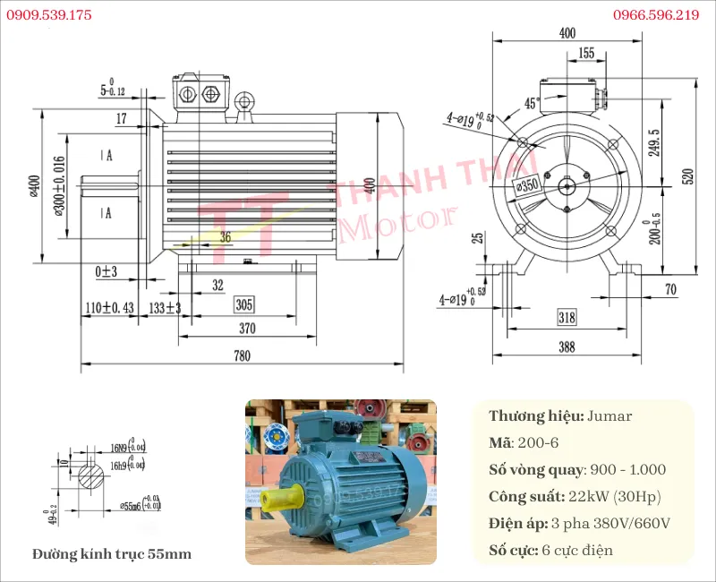 Bản vẽ và thông số kỹ thuật của động cơ điện 3 pha 22kW 30hp 6 cực