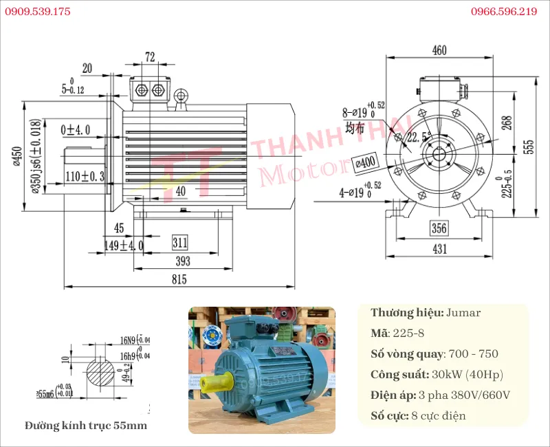 Bản vẽ và thông số kỹ thuật của động cơ điện 3 pha 22kW 30hp 8 cực