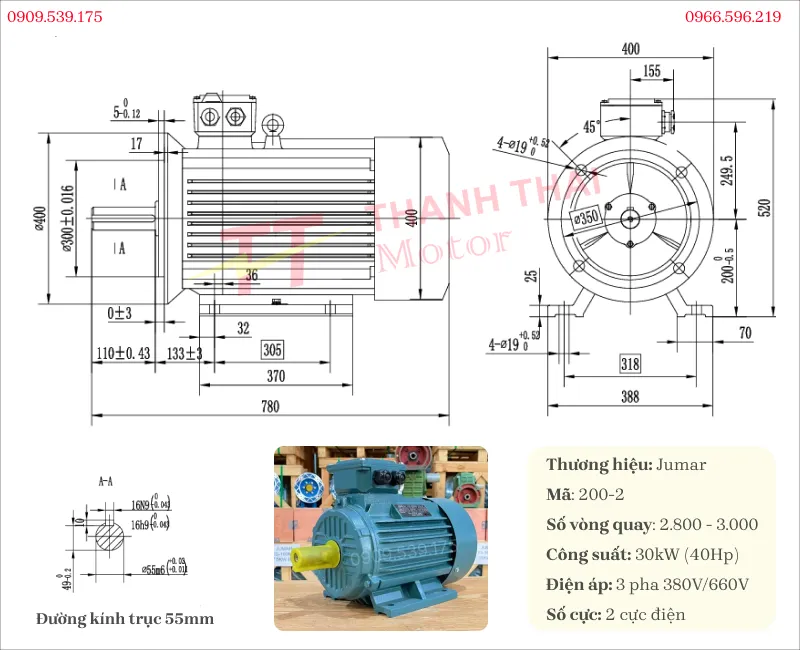 Bản vẽ và thông số kỹ thuật của động cơ điện 3 pha 30kW 40Hp 2 cực