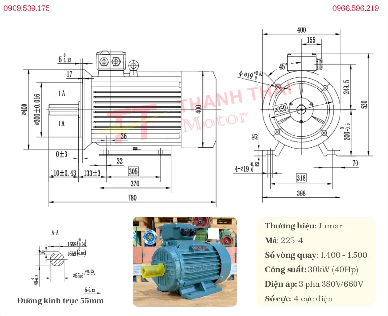 Bản vẽ và thông số kỹ thuật của động cơ điện 3 pha 30kW 40Hp 4 cực
