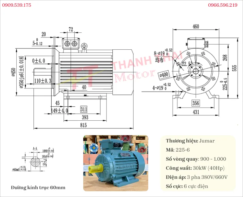 Bản vẽ và thông số kỹ thuật của động cơ điện 3 pha 30kW 40Hp 6 cực