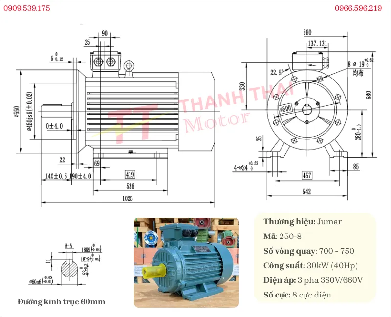 Bản vẽ và thông số kỹ thuật của động cơ điện 3 pha 30kW 40Hp 8 cực