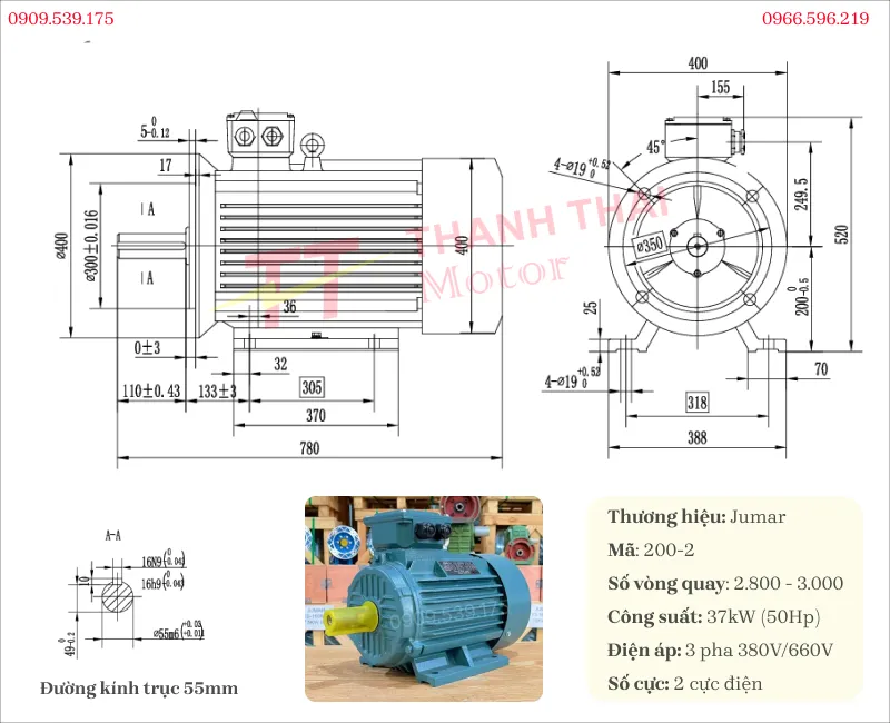 Bản vẽ và thông số kỹ thuật của động cơ điện 3 pha 37kW 50Hp 2 cực``