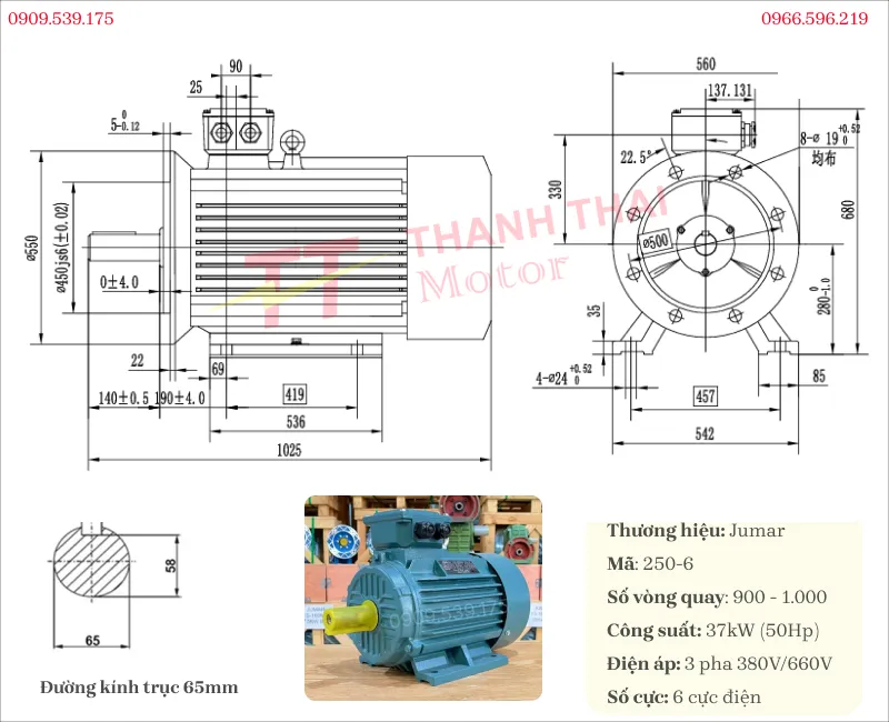 Bản vẽ và thông số kỹ thuật của đông cơ điện 3 pha 37kW 50Hp 6 cực