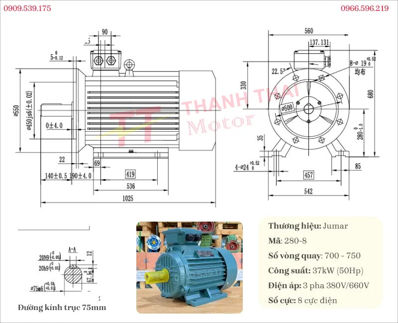 Bản vẽ và thông số kỹ thuật của động cơ điện 3 pha 37kW 50Hp 8 cực