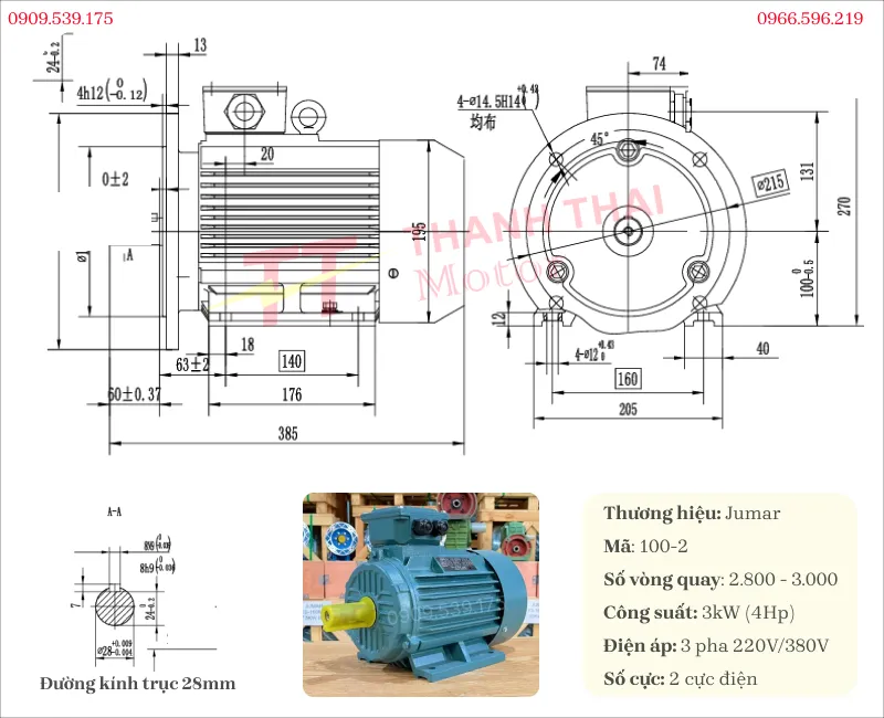 Bản vẽ và thông số kỹ thuật của động cơ điện 3 pha 3kW 4Hp 2 cực