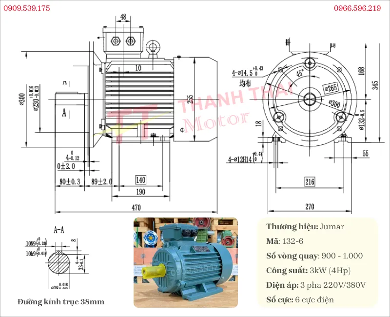 Bản vẽ và thông số kỹ thuật của động cơ điện 3 pha 3kW 4Hp 6 cực