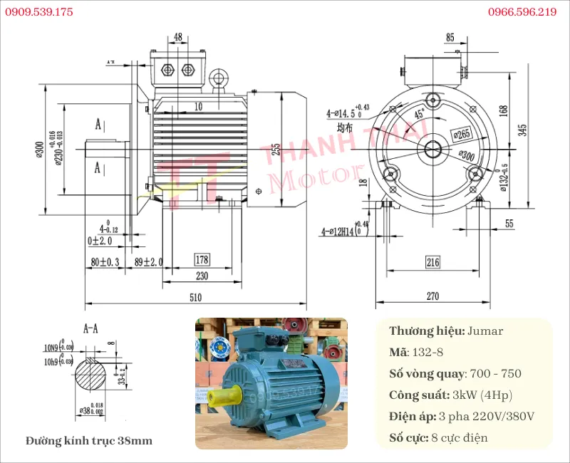 Bản vẽ và thông số kỹ thuật của động cơ điện 3 pha 3kW 4Hp 8 cực