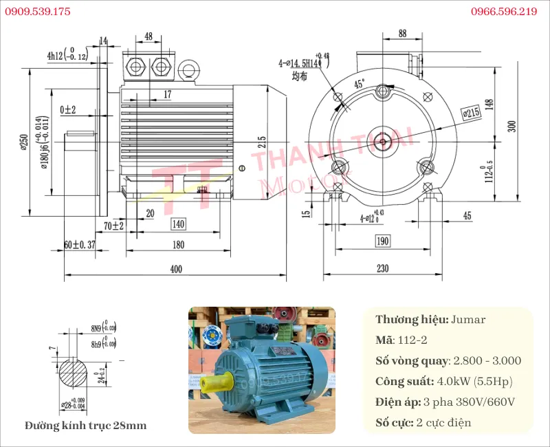 Drawing and technical specifications of the 4kW 5.5Hp 2-pole electric motor