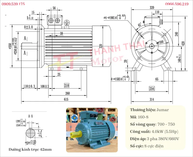 Drawing and technical specifications of the 4kW 5.5Hp 8-pole electric motor