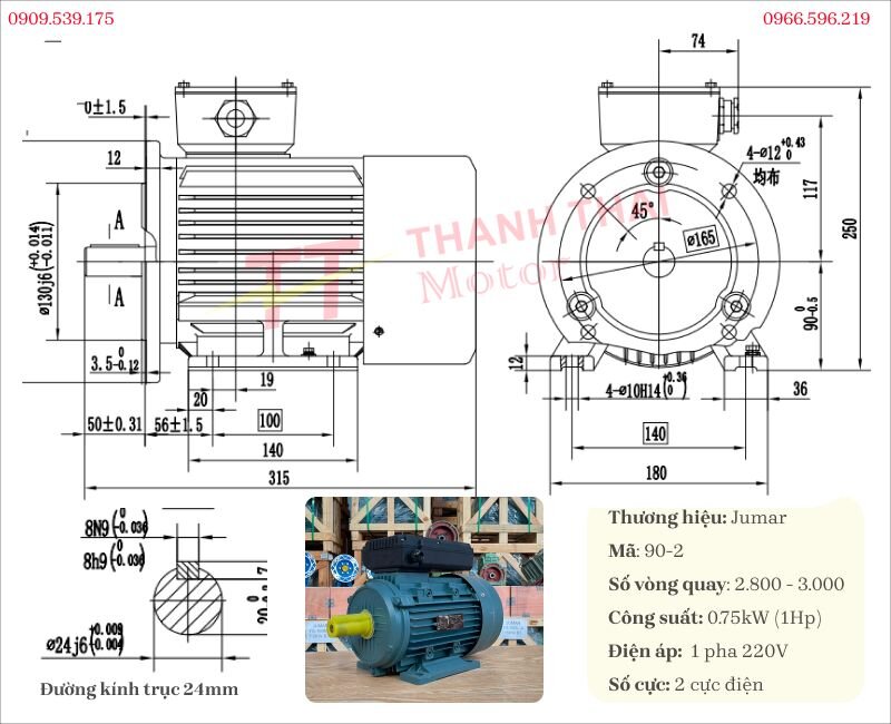 Bản vẽ và thông số kỹ thuật động cơ điện 1 pha 0.75kW 1Hp 2 cực