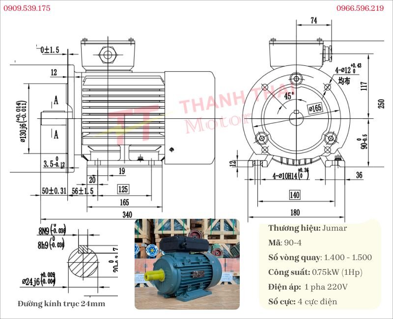Bản vẽ và thông số kỹ thuật động cơ điện 1 pha 0.75kW 1Hp 4 cực