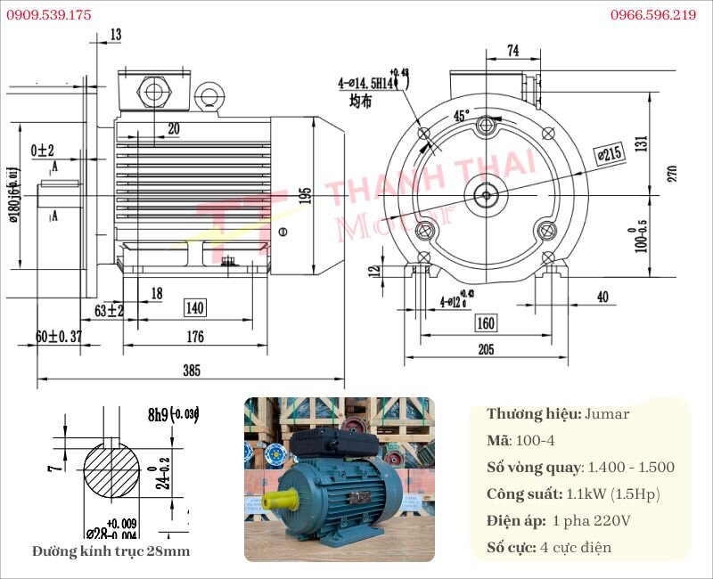 Drawing and specifications of the 4-pole 1-phase 1.1kW 1.5Hp electric motor
