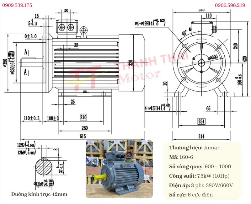 Bản vẽ và thông số kỹ thuật động cơ điện 3 pha 7.5kW 10Hp 6 cực