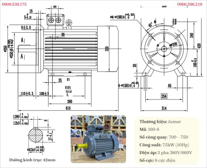 Bản vẽ và thông số kỹ thuật động cơ điện 3 pha 7.5kW 10Hp 8 cực