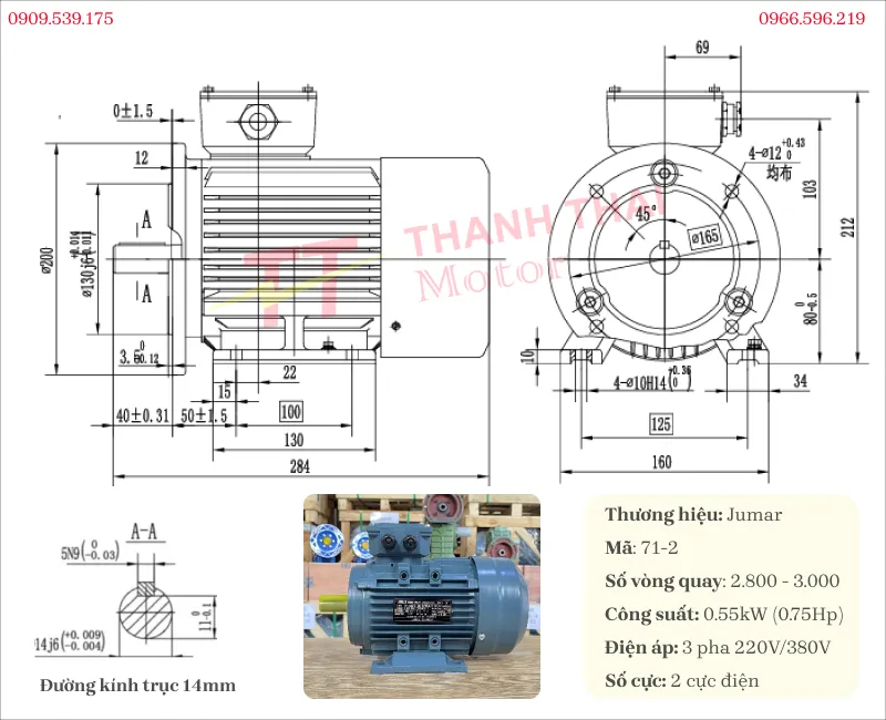 Drawing and technical specifications of the 3-phase electric motor 0.55kW 0.75Hp 2-pole