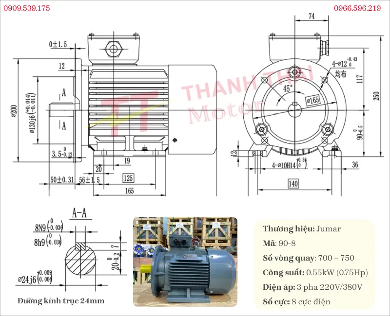 Drawing and technical specifications of the 3-phase electric motor 0.55kW 0.75Hp 8-pole