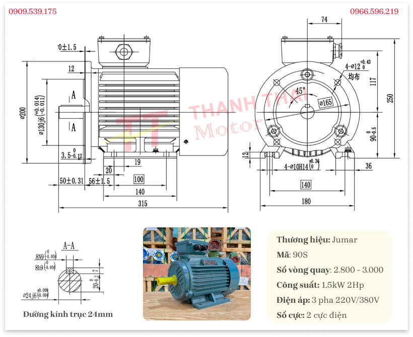 Bản vẽ và thông số kỹ thuật động cơ điện 3 pha 1.5kW 2Hp 2 cực điện