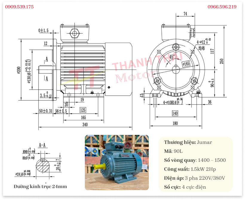 Bản vẽ và thông số kỹ thuật động cơ điện 3 pha 1.5kW 2Hp 4 cực điện