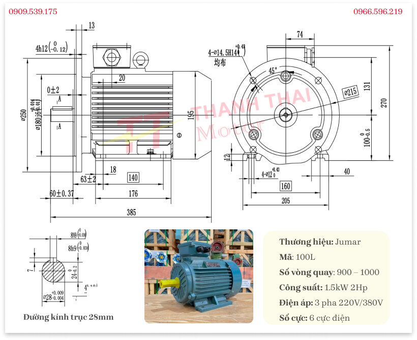 Bản vẽ và thông số kỹ thuật động cơ điện 3 pha 1.5kW 2Hp 6 cực điện