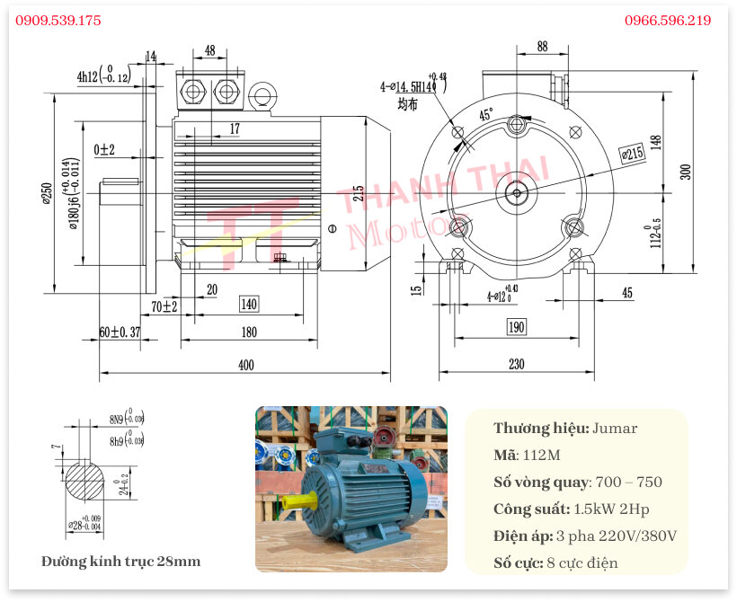 Bản vẽ và thông số kỹ thuật động cơ điện 3 pha 1.5kW 2Hp 8 cực điện