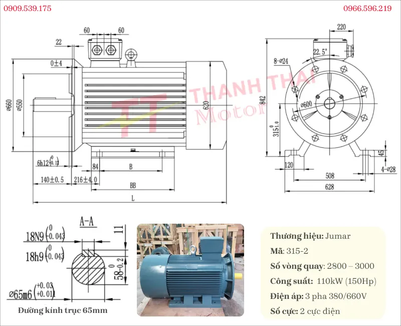 Bản vẽ và thông số kỹ thuật động cơ điện 3 pha 110kW 150Hp 2 cực