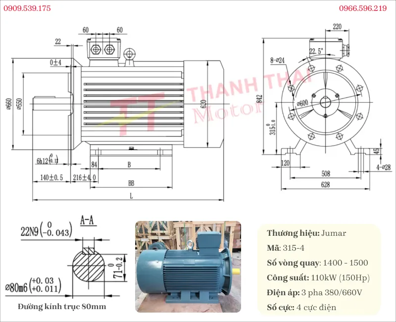Bản vẽ và thông số kỹ thuật động cơ điện 3 pha 110kW 150Hp 4 cực