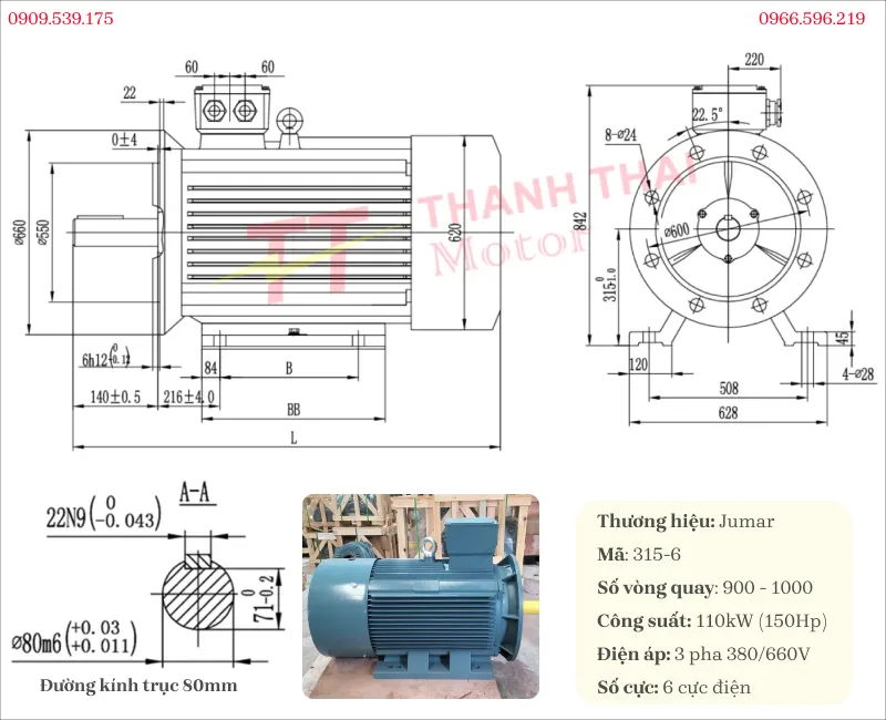 Bản vẽ và thông số kỹ thuật động cơ điện 3 pha 110kW 150Hp 6 cực