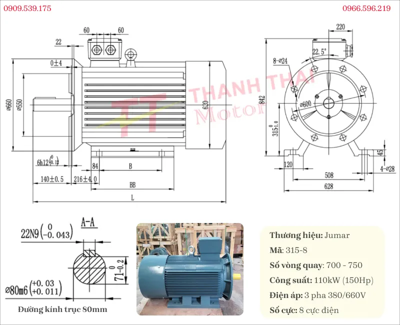 Bản vẽ và thông số kỹ thuật động cơ điện 3 pha 110kW 150Hp 8 cực