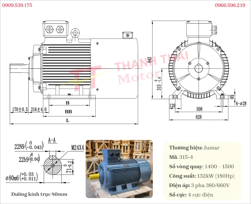 Bản vẽ và thông số kỹ thuật động cơ điện 3 pha 132kW 180Hp 4 cực